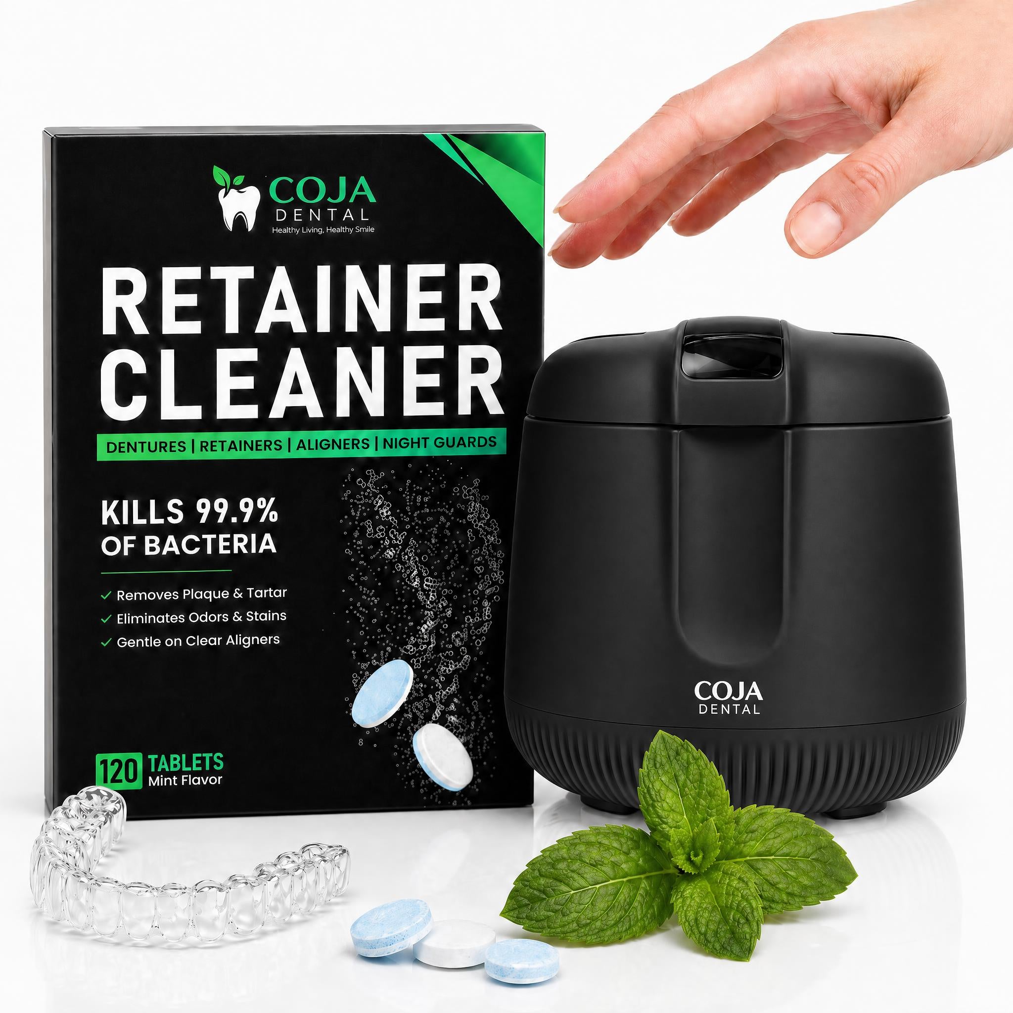 COJA Dental Pro Cleaning Kit (Black): Ultrasonic Pod & 120 Mint Tablets